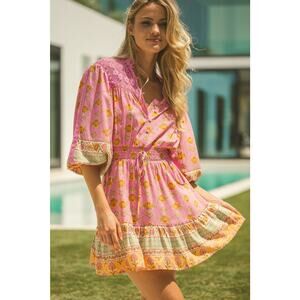 JAASE Boho Pink Crochet Lace Mini Dress M Floral Print Festival Beach Resort